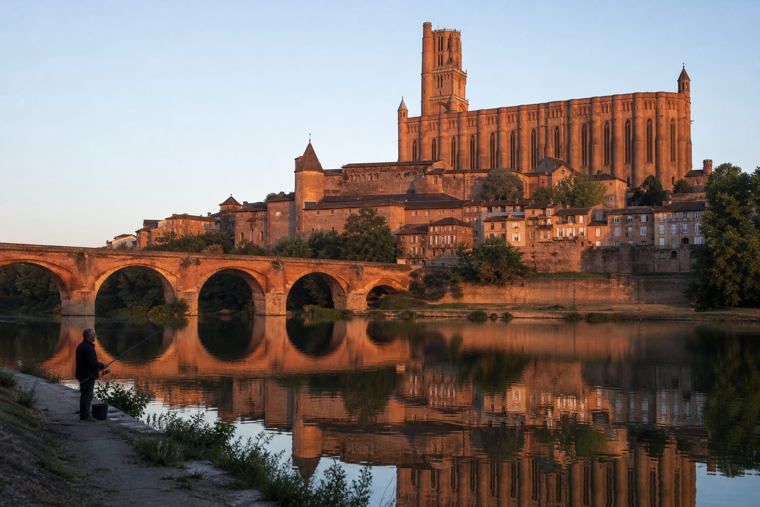 Cathédrale de brique rouge dominant le Tarn et le vieux pont au lever du soleil