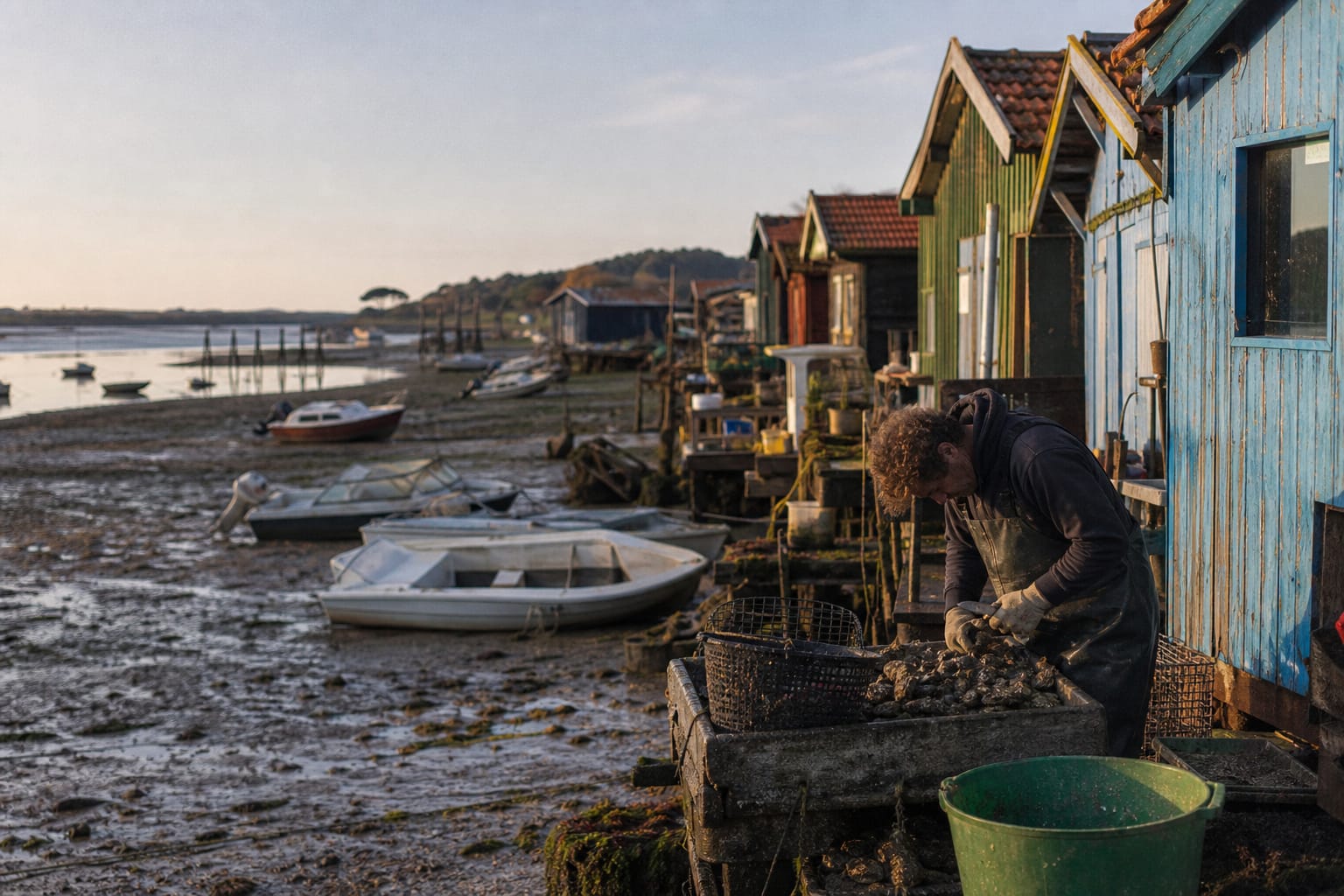Cabanes ostréicoles de bois sur un port du bassin d'Arcachon à marée basse
