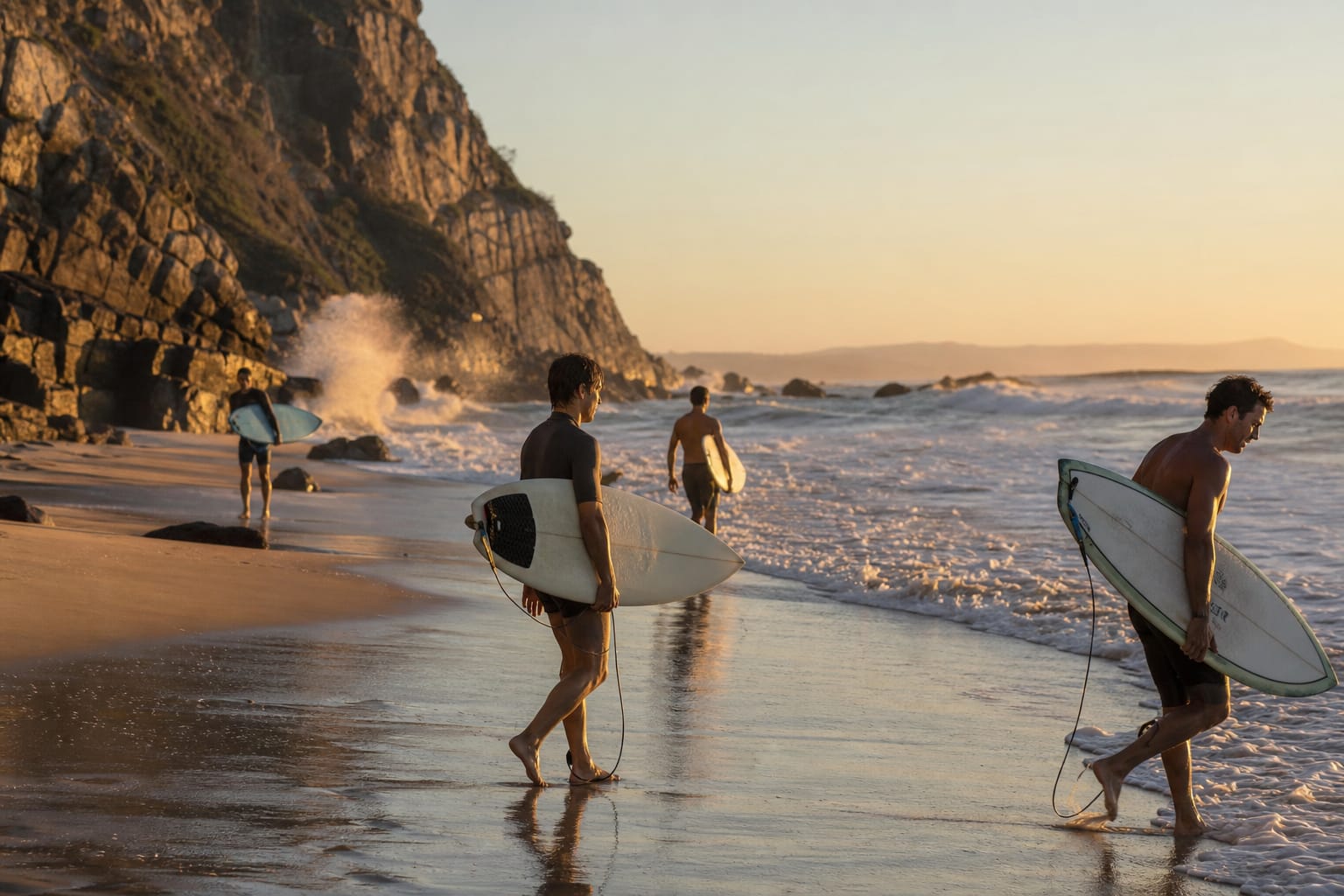 Surfeurs remontant la plage au pied des falaises à Biarritz