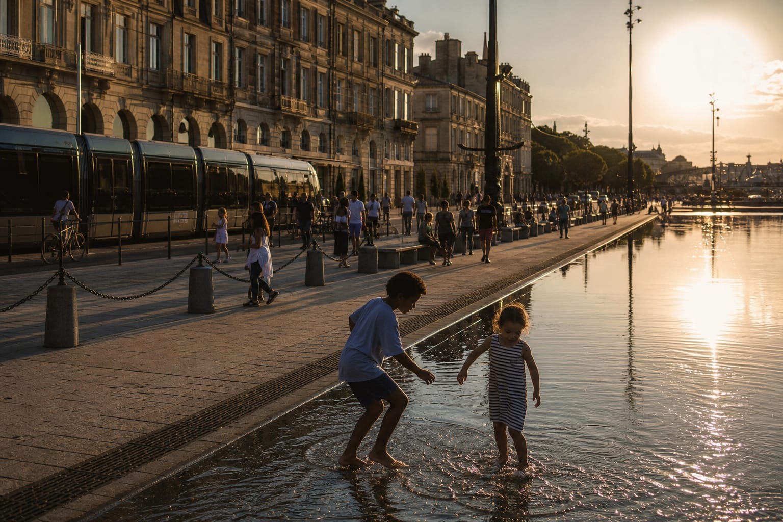 Quais de pierre blonde de Bordeaux et miroir d'eau en fin de journée