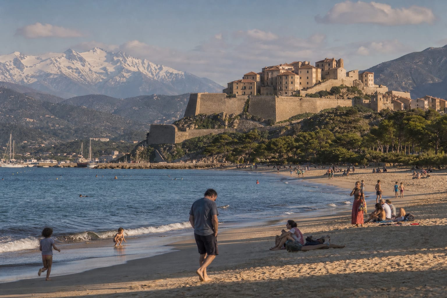 Citadelle de Calvi dominant une baie de sable avec montagnes au fond