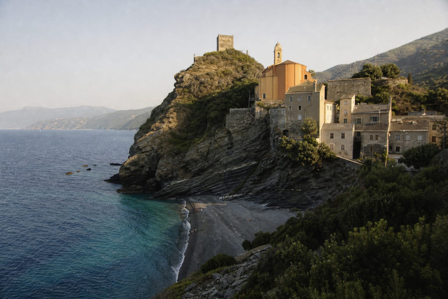 Village de Nonza perché sur son éperon rocheux avec sa tour carrée, au-dessus d'une plage de galets sombres et d'une mer turquoise