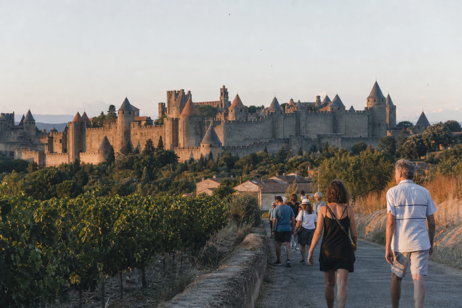 Cité fortifiée de Carcassonne vue depuis les vignes en fin de journée