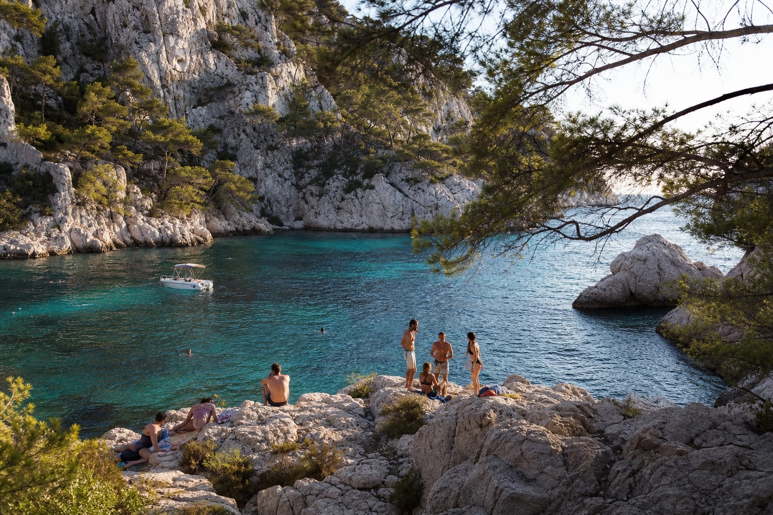 Calanque aux eaux transparentes entourée de falaises blanches et de pins près de Cassis