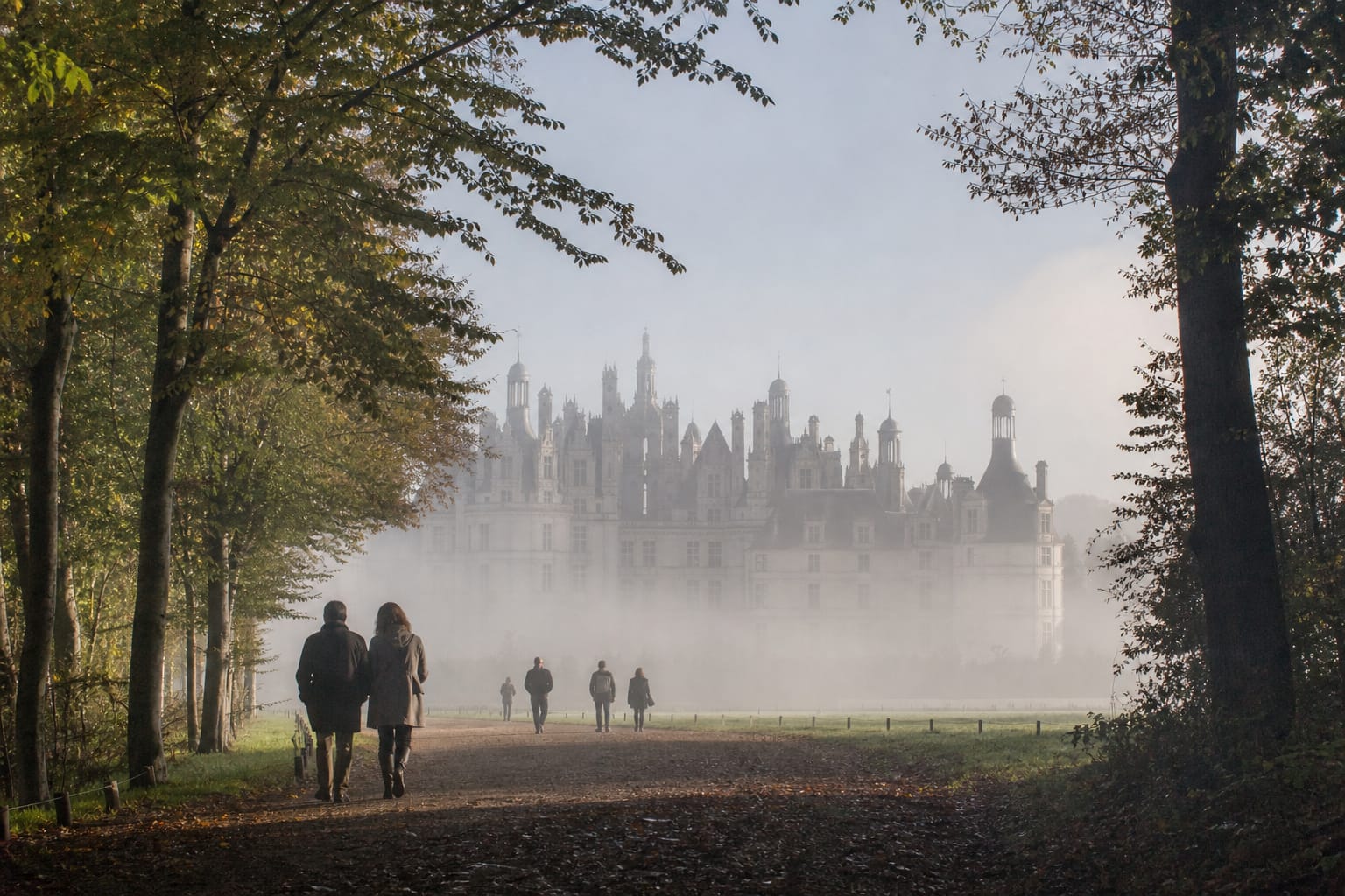 Château de Chambord aux toits hérissés de cheminées dans la brume matinale