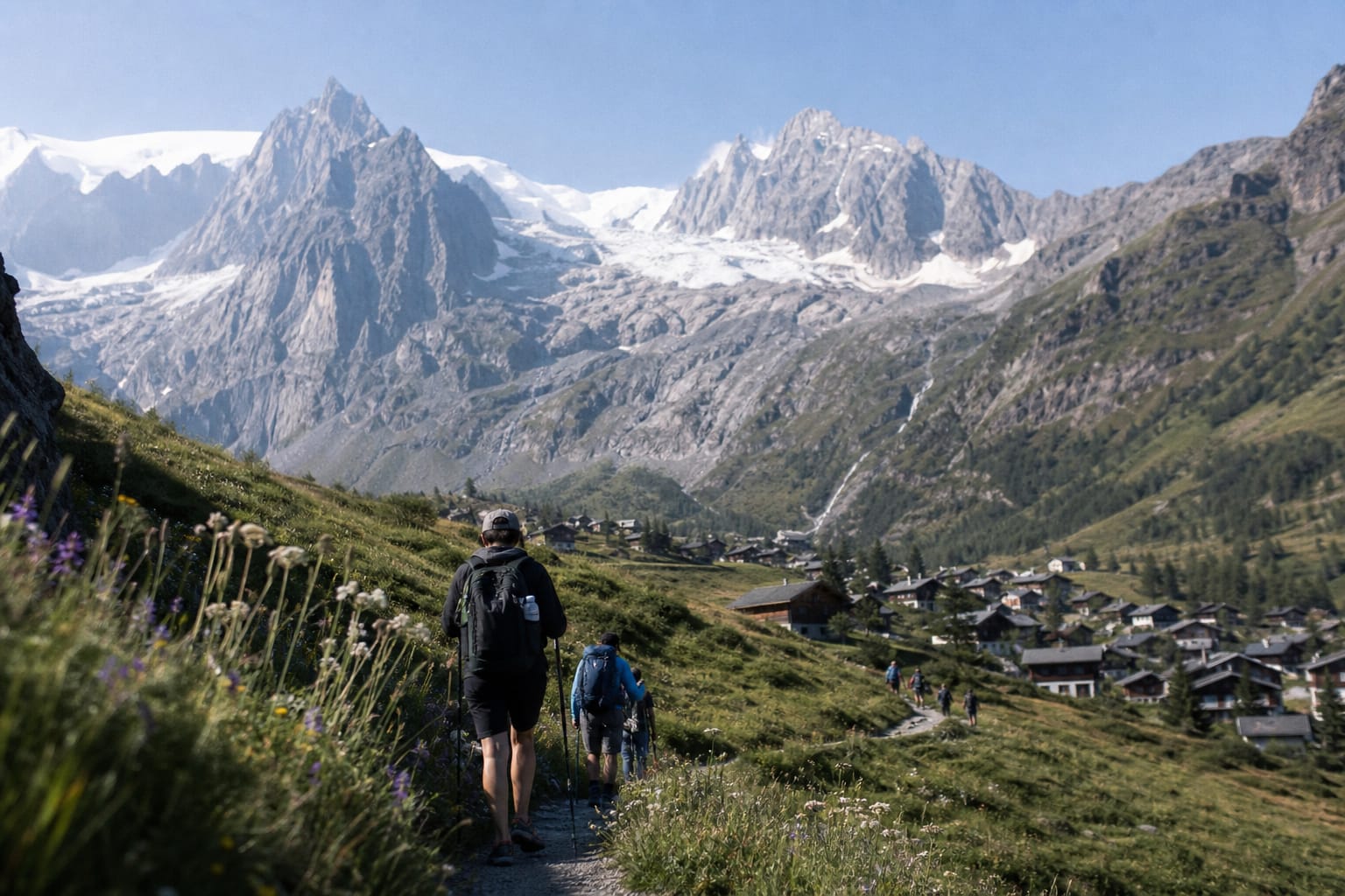 Vallée de Chamonix dominée par les aiguilles rocheuses et un glacier