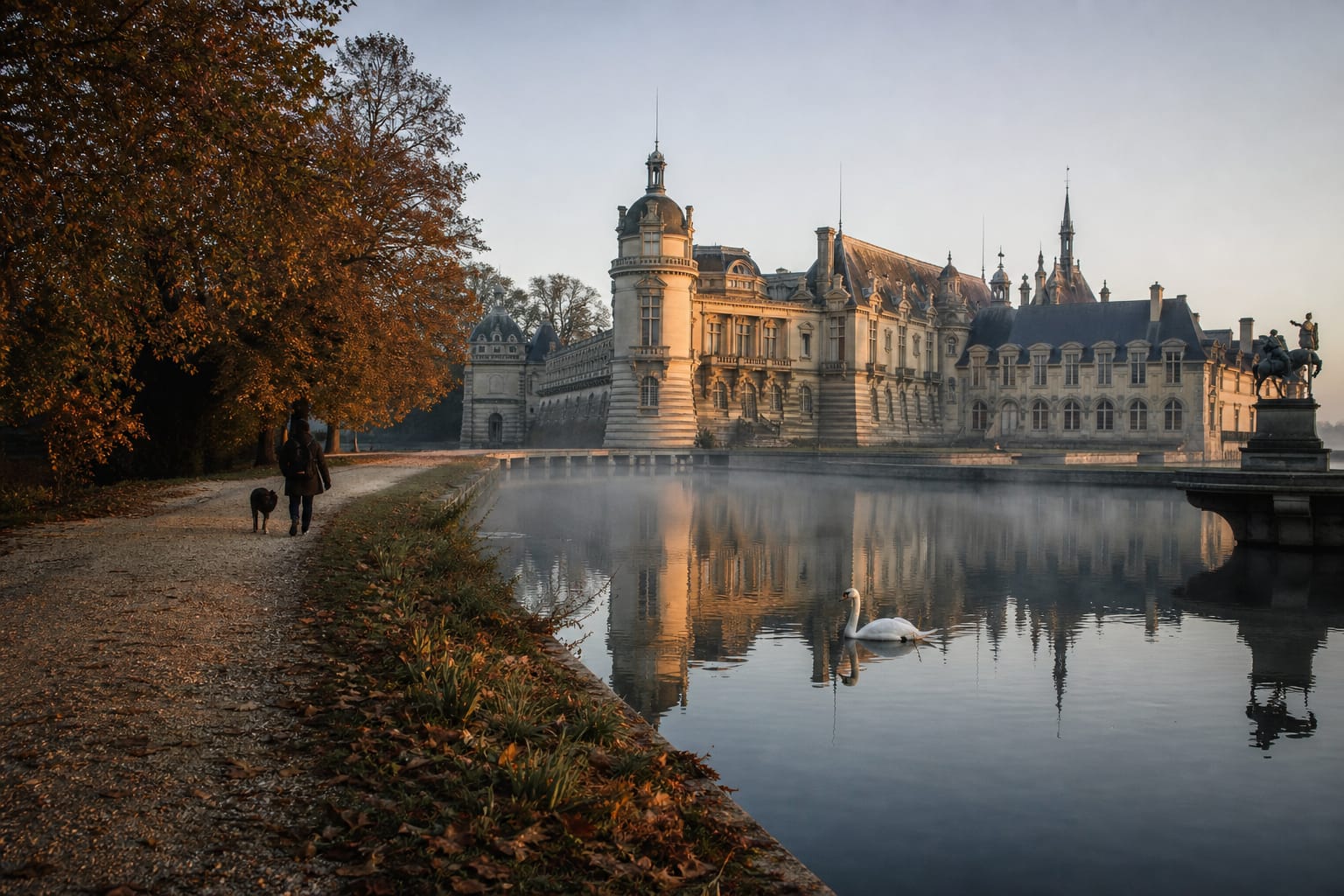 Château de Chantilly reflété dans ses douves au petit matin avec un cygne au premier plan