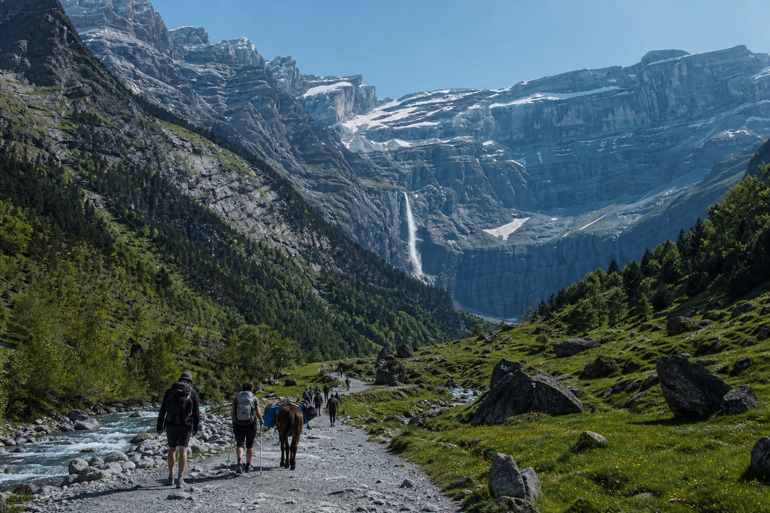 Muraille en gradins du cirque de Gavarnie striée de névés et de la Grande Cascade, randonneurs sur le chemin au premier plan