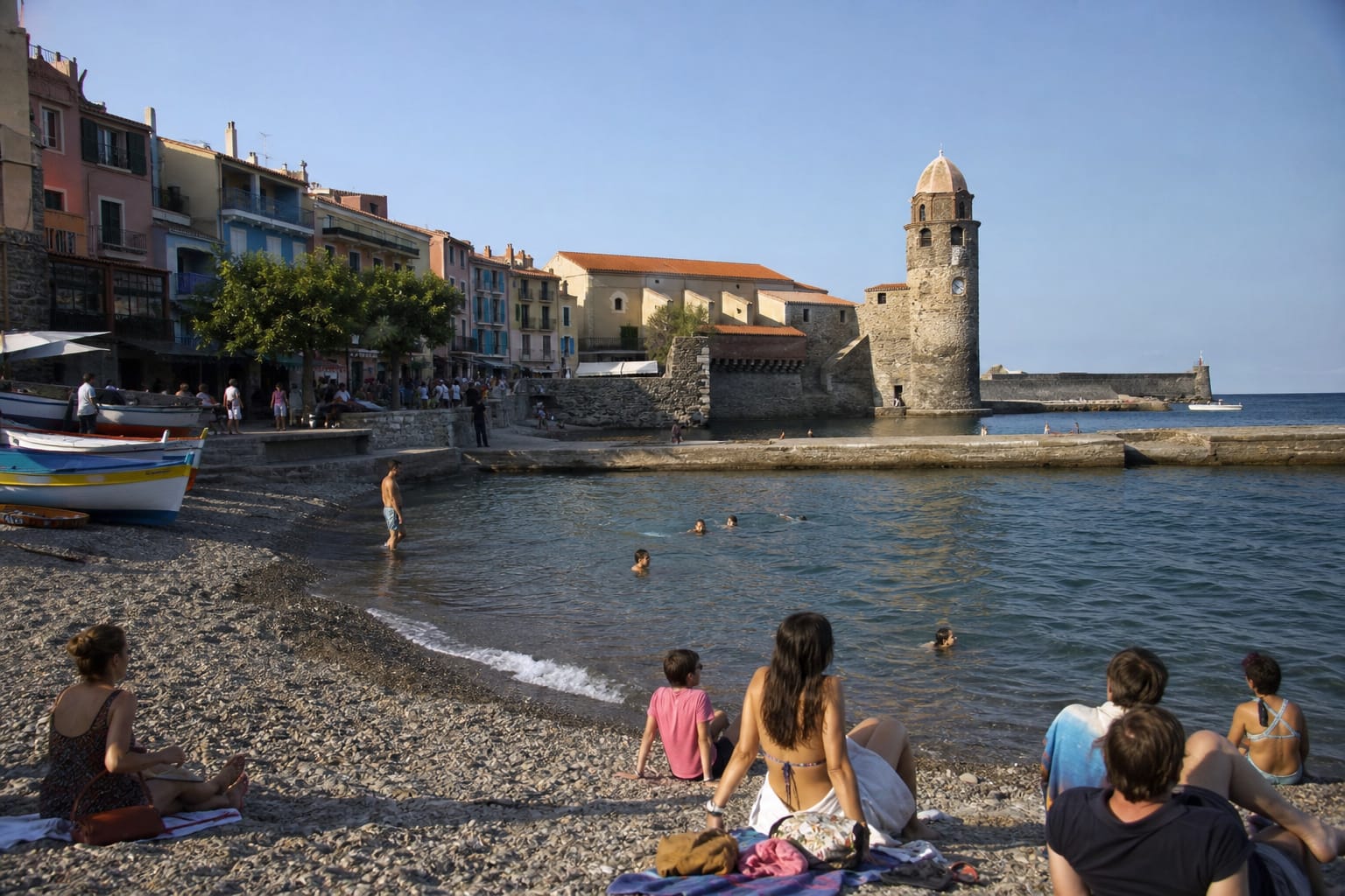 Port de Collioure avec maisons colorées et clocher rond au bord de l'eau