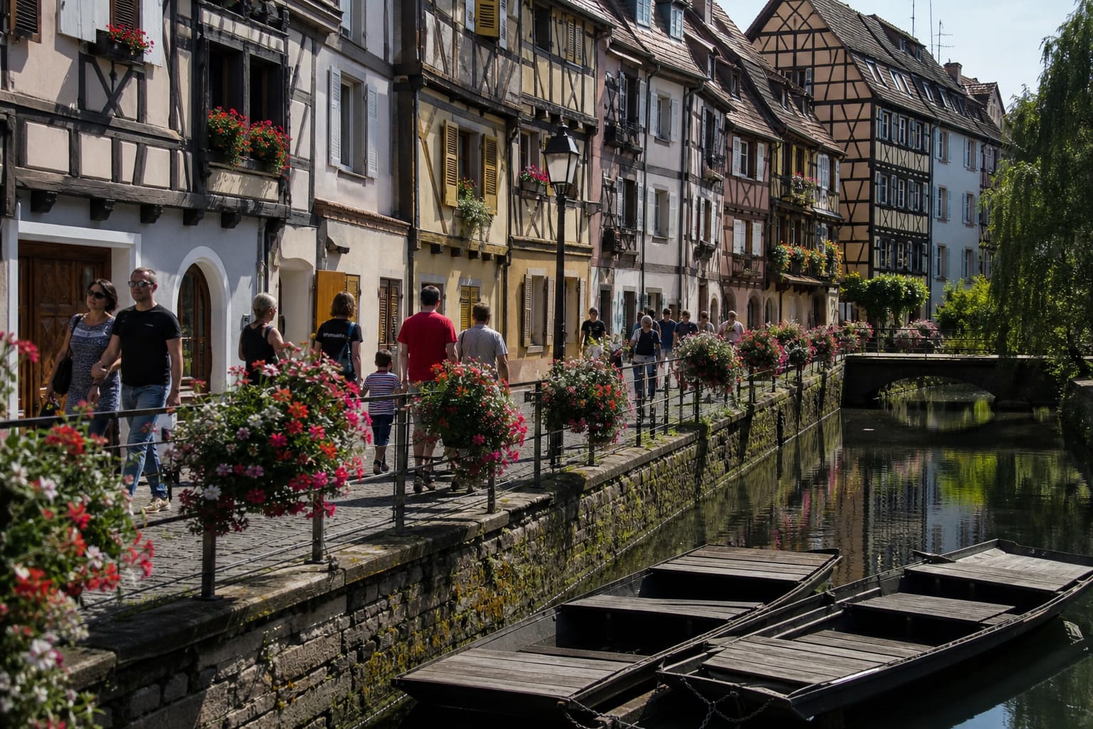 Canal bordé de maisons à colombages colorées à Colmar