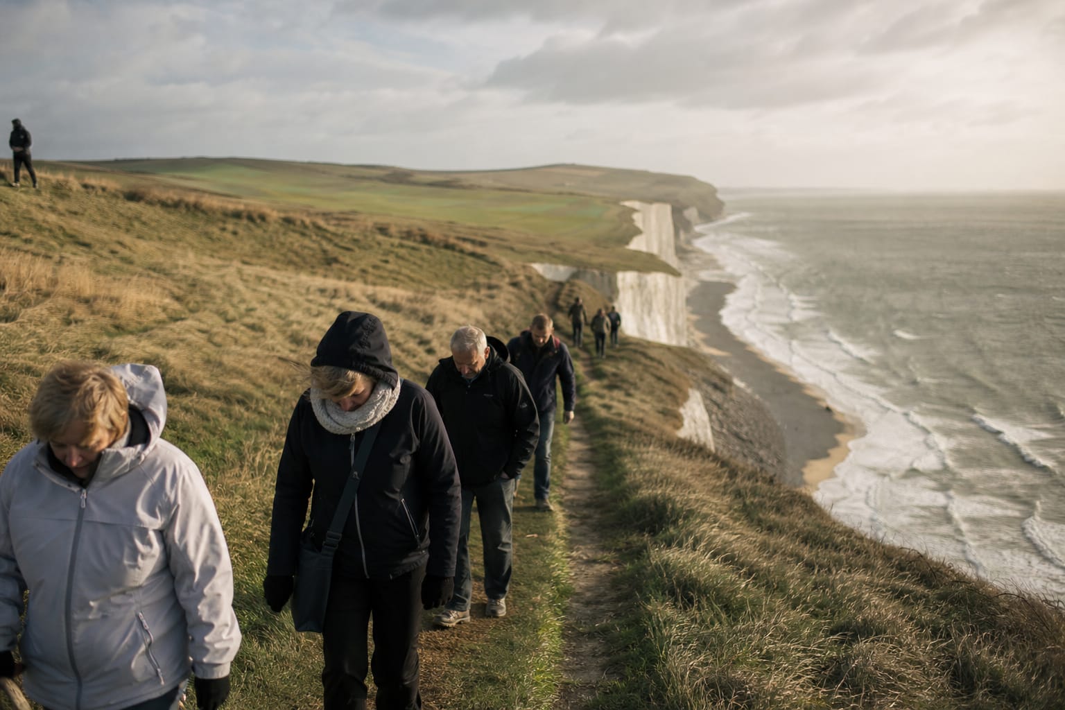 Marcheurs sur le sentier herbeux du cap Blanc-Nez, la Manche et les falaises en contrebas