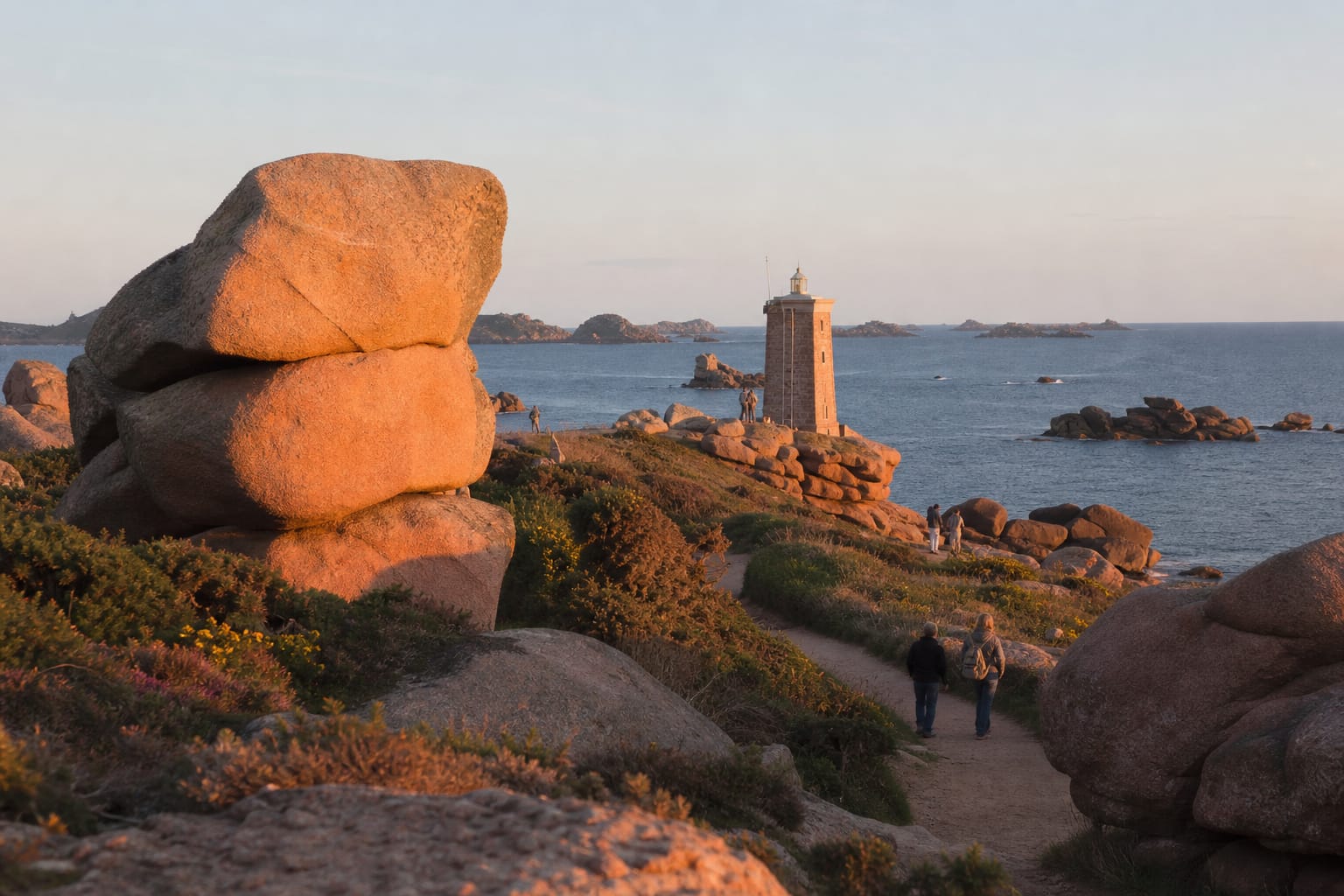 Blocs de granit rose arrondis au bord du sentier des douaniers de Ploumanac'h, avec le phare de Mean Ruz dans la lumière du soir
