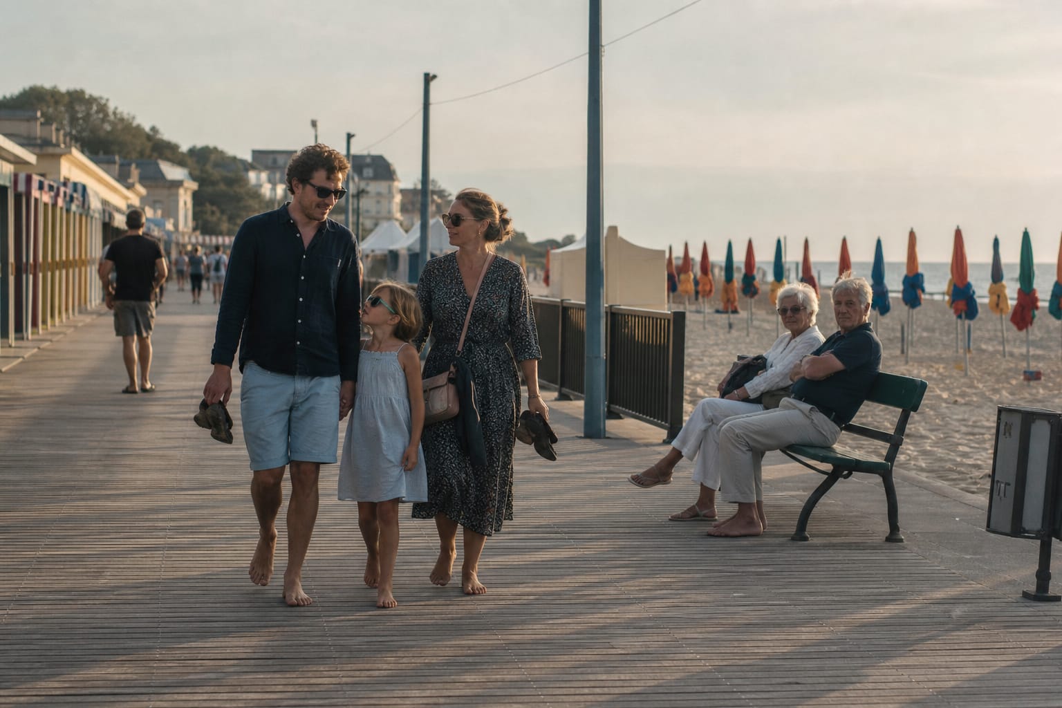 Parasols colorés et cabines de bois sur la plage de Deauville en fin d'après-midi