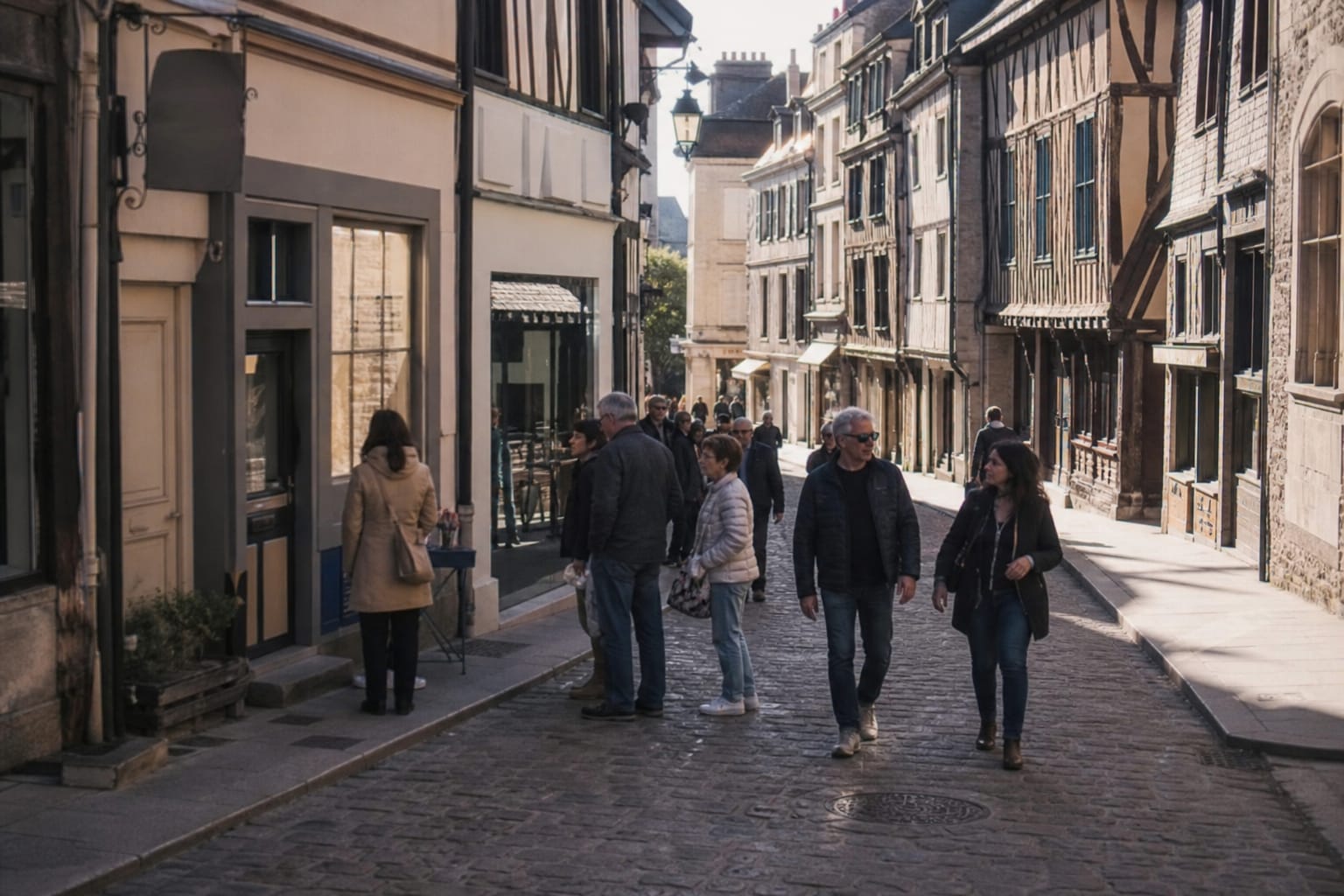 Rue commerçante de Dijon avec maisons à pans de bois