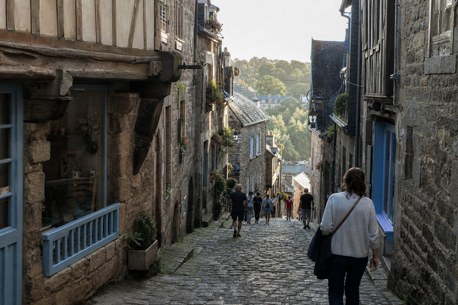 Rue du Jerzual pavée et bordée de maisons à pans de bois, descendant vers le port de Dinan un matin d'été