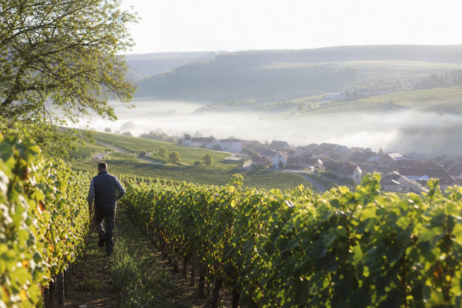 Rangs de vigne sur un coteau champenois au petit matin, village blotti en contrebas