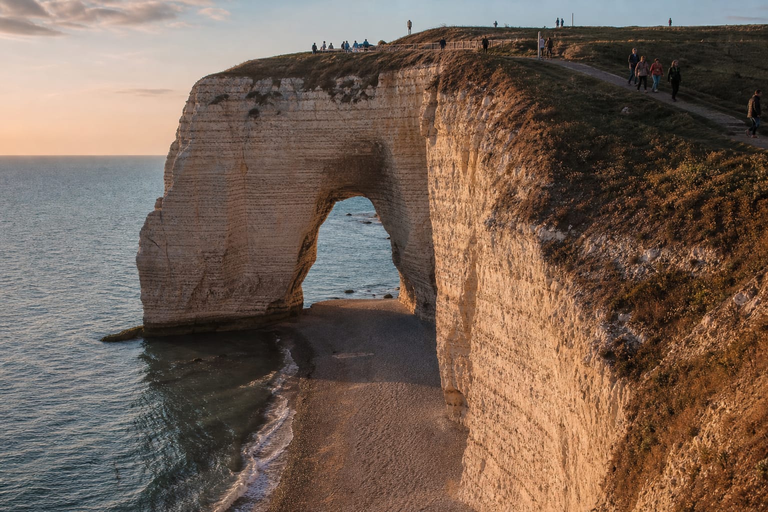 Falaise de craie percée d'une arche naturelle au-dessus d'une plage de galets à Étretat