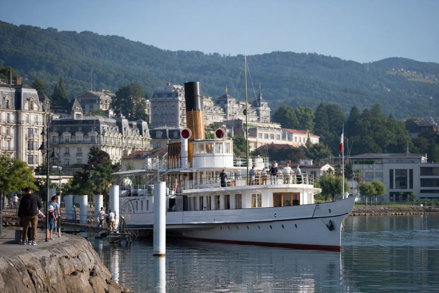 Bateau blanc à roues à aubes accostant au port d'Évian, façades Belle Époque et montagnes du Chablais en arrière-plan, un matin d'été