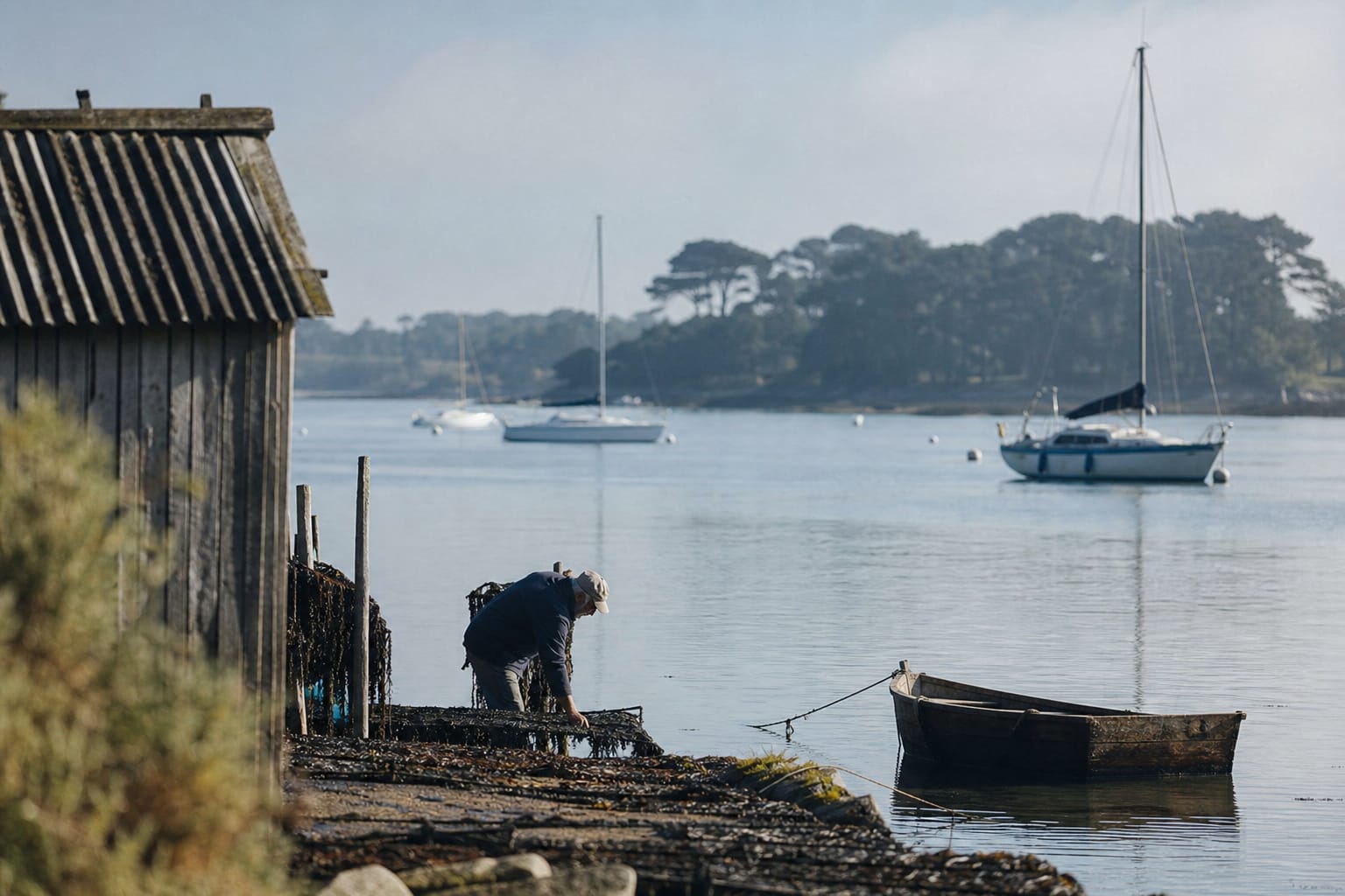 Golfe du Morbihan avec îlots boisés, voiliers au mouillage et cabane ostréicole