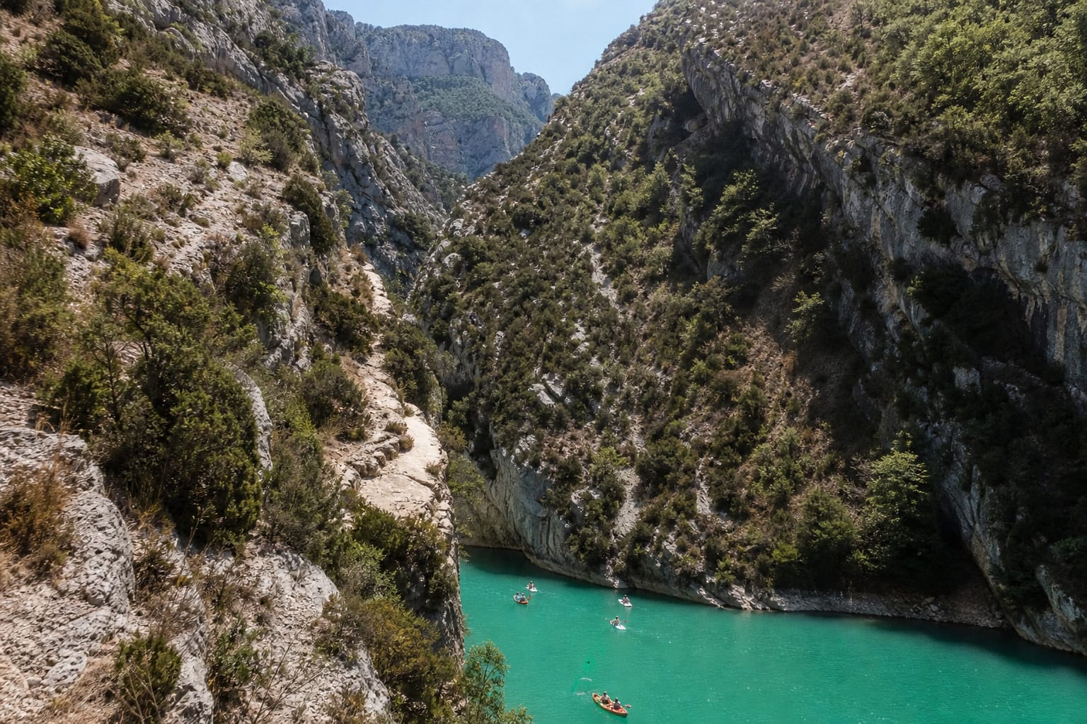 Canyon profond du Verdon avec rivière vert émeraude et kayaks minuscules