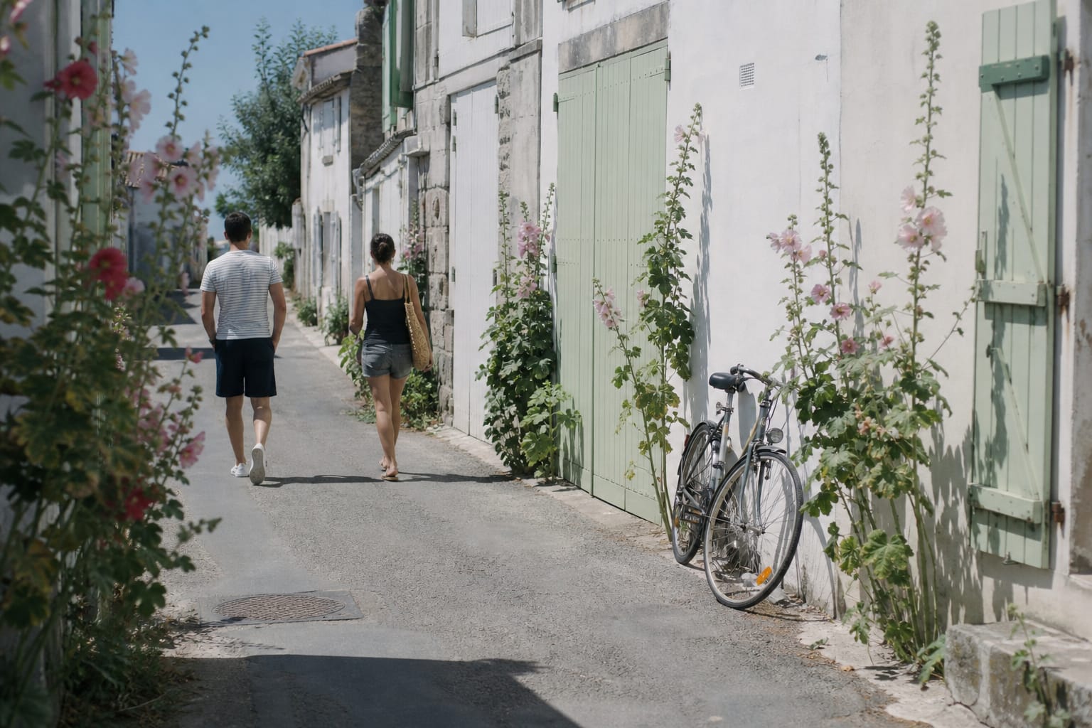 Ruelle blanche à volets verts bordée de roses trémières dans un village rétais