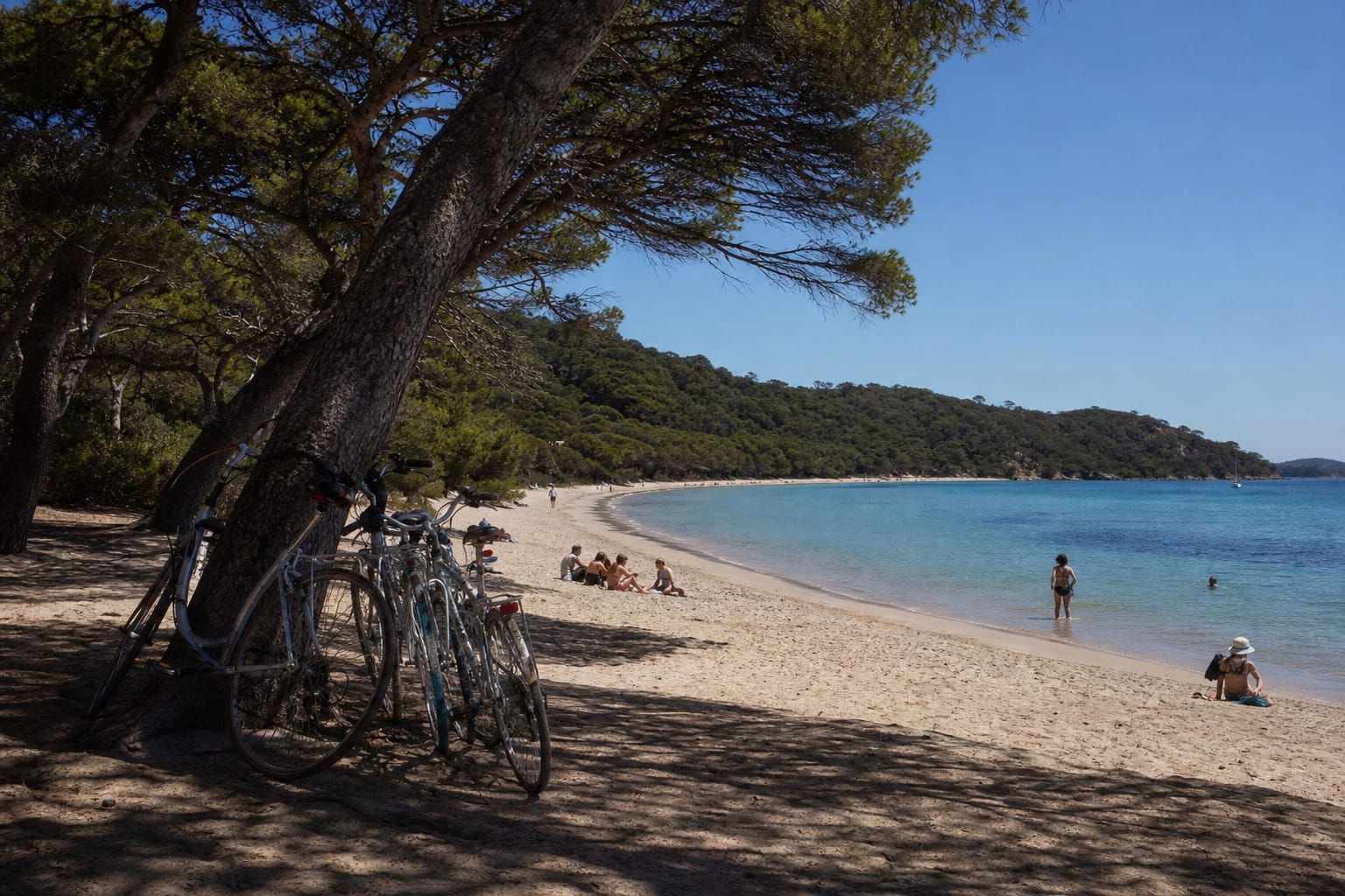 Plage Notre-Dame à Porquerolles, sable clair bordé de pins d'Alep et eau turquoise, vélos garés à l'ombre