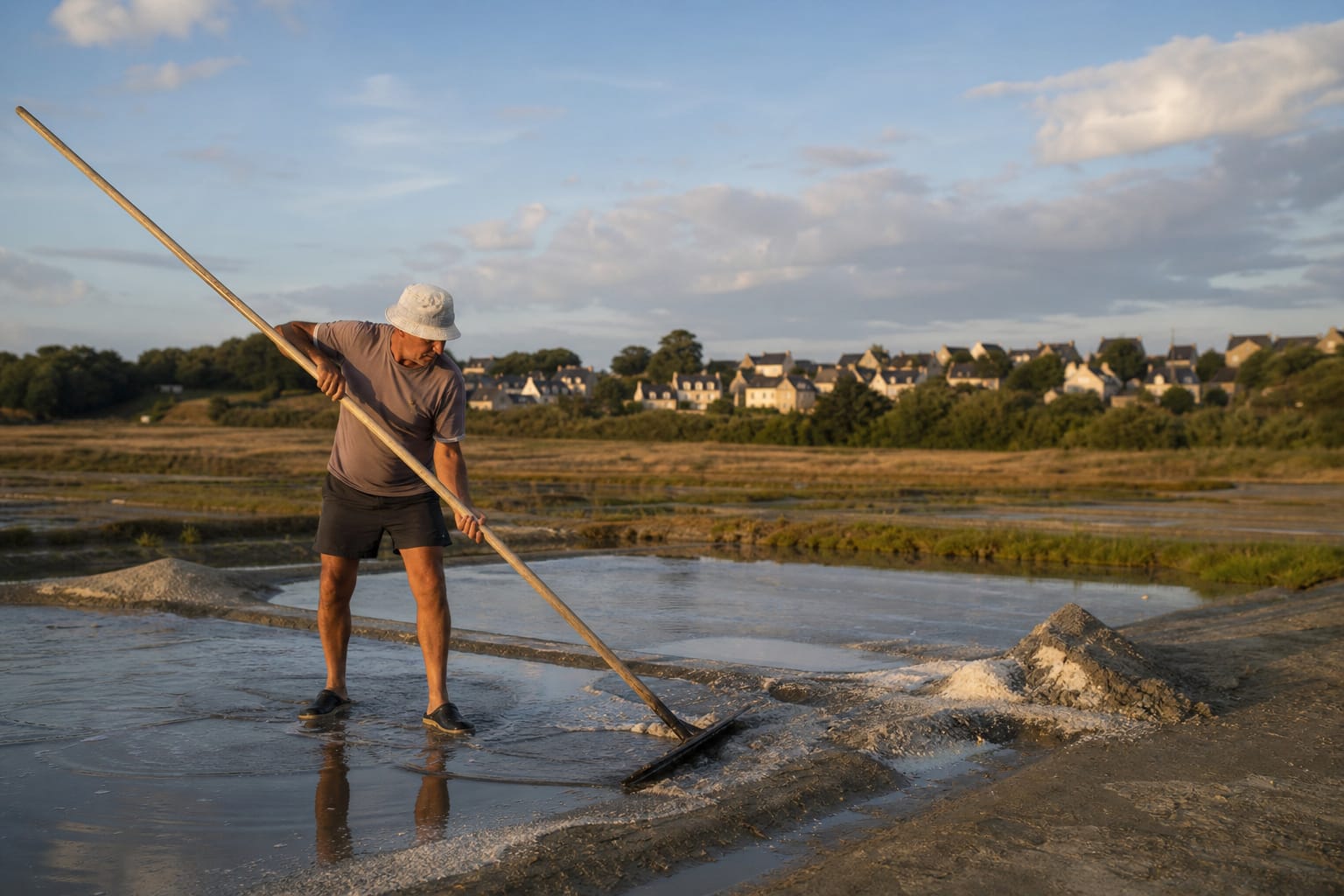 Paludier ramenant le sel au bord d'un œillet des marais salants de Guérande, en fin d'après-midi d'été