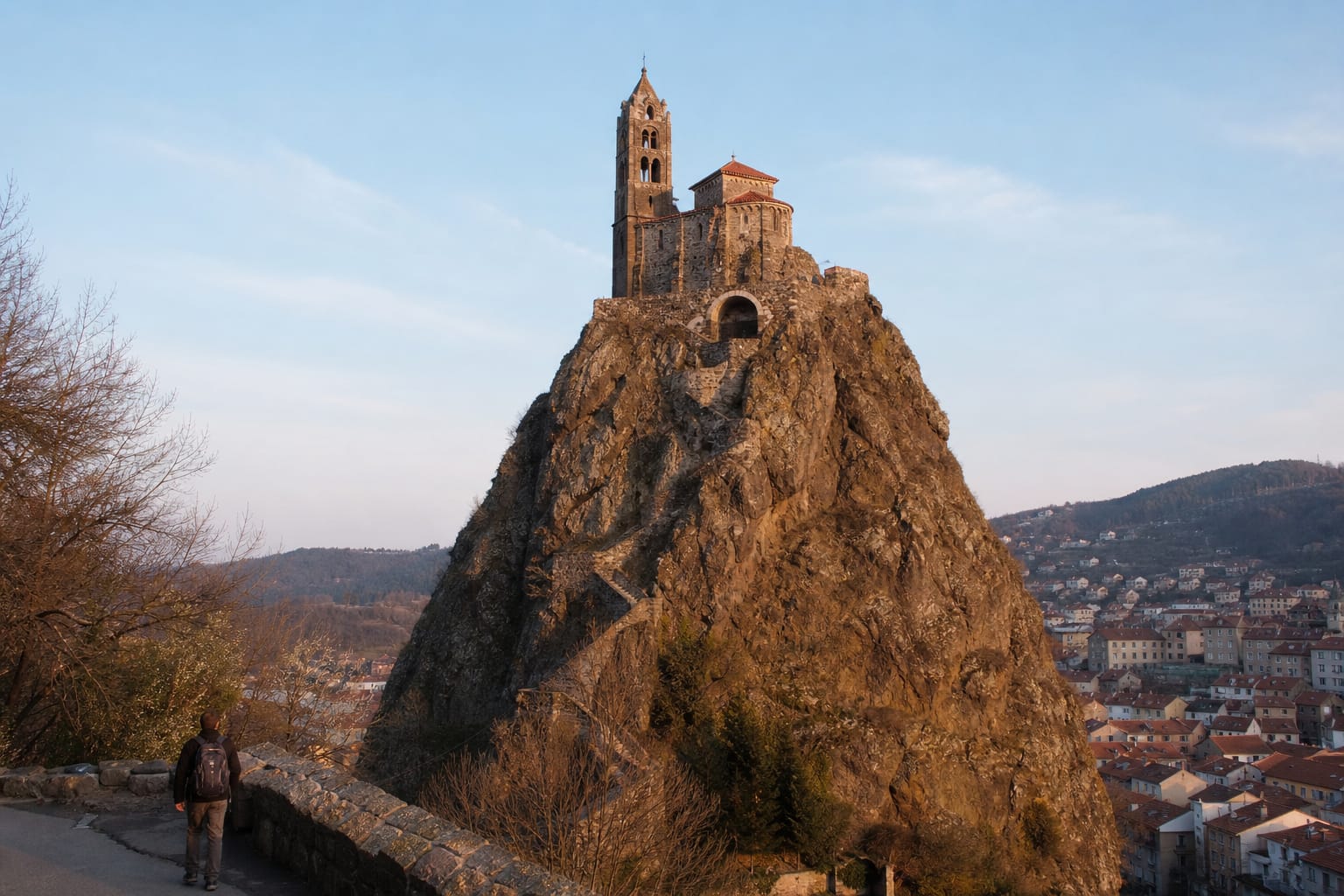 Chapelle perchée au sommet d'un piton volcanique dominant les toits de tuiles de la ville