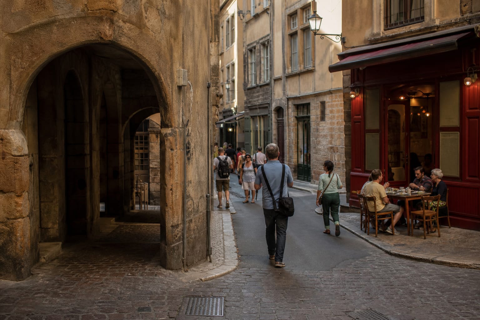 Rue pavée du Vieux-Lyon avec façades Renaissance en fin d'après-midi
