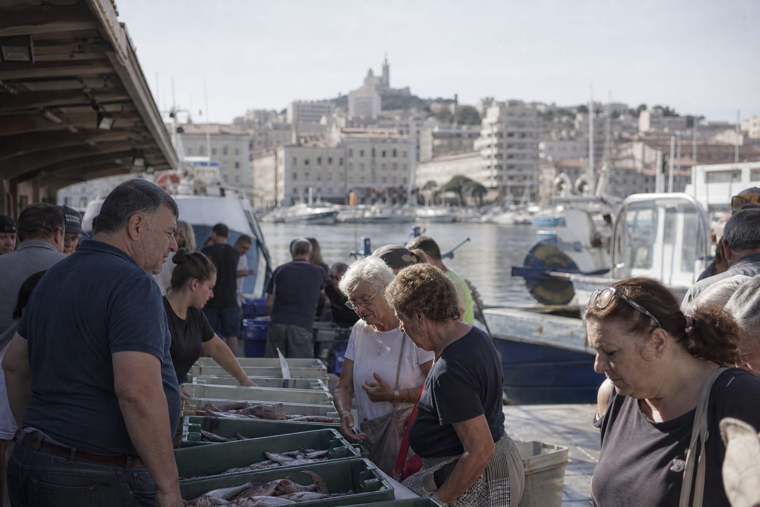 Le Vieux-Port de Marseille au matin avec les bateaux de pêche et la criée