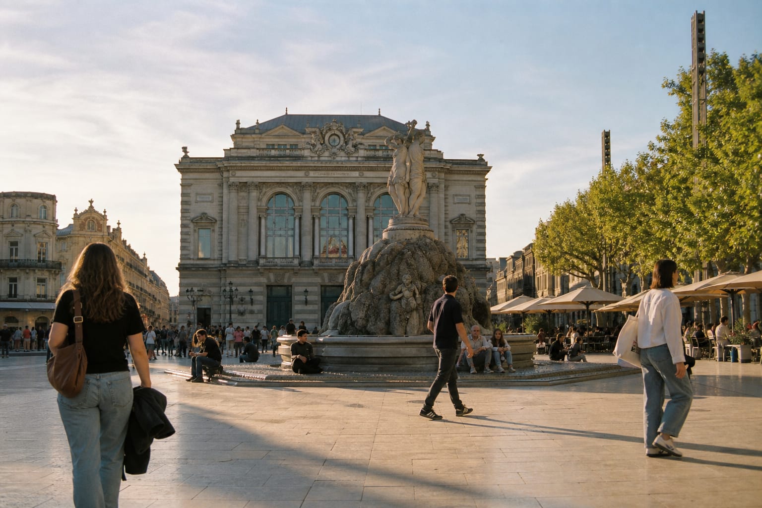 Place de la Comédie à Montpellier en fin de journée, façade de l'opéra et fontaine des Trois Grâces