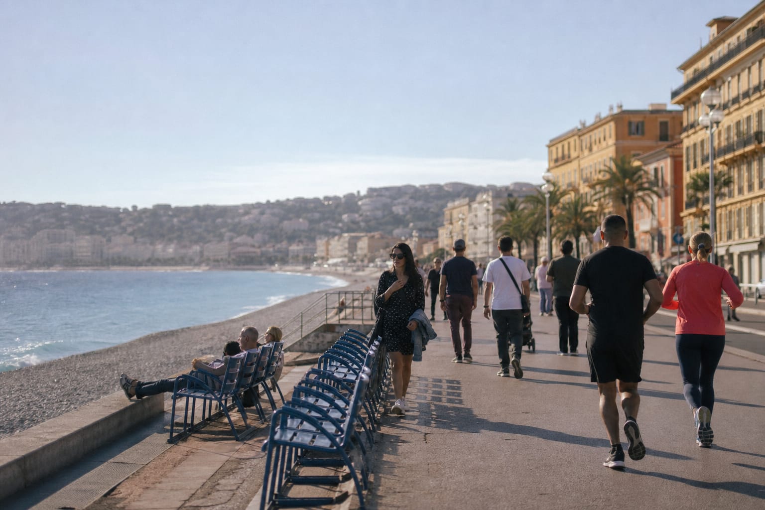 Promenade du bord de mer à Nice avec galets, eau turquoise et chaises bleues