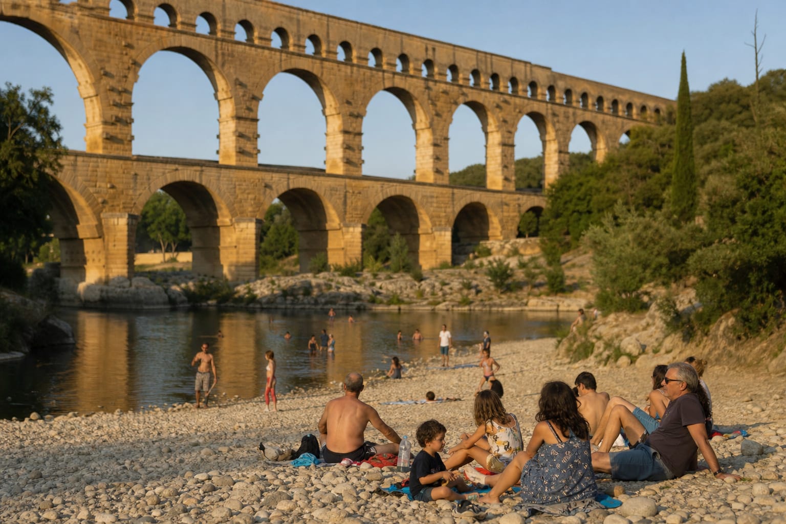 Arches superposées du pont du Gard au-dessus du Gardon en fin d'après-midi