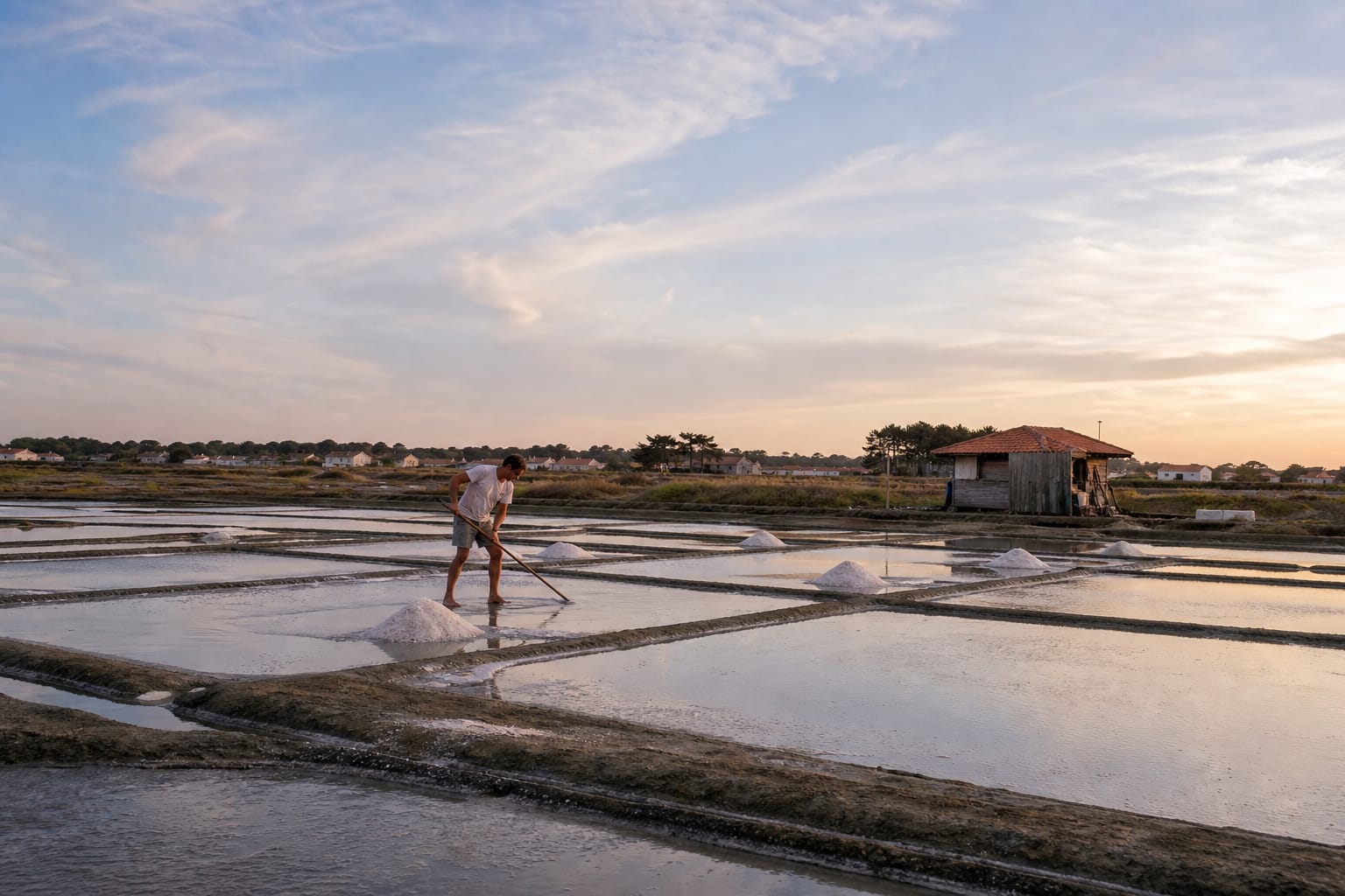 Marais salants quadrillés avec tas de sel blanc et saunier au travail