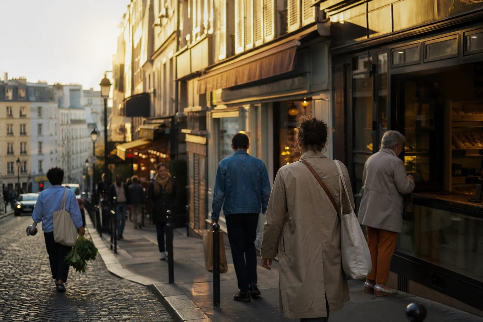 Rue parisienne en pente avec immeubles haussmanniens et boulangerie de quartier