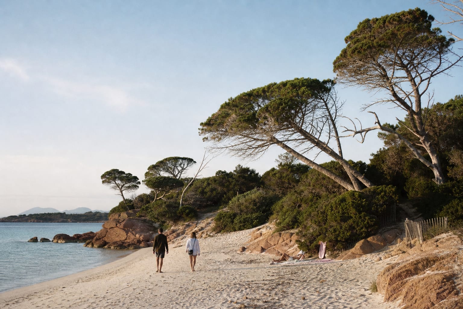 Pins parasols inclinés et rochers rouges au-dessus du sable blanc de Palombaggia