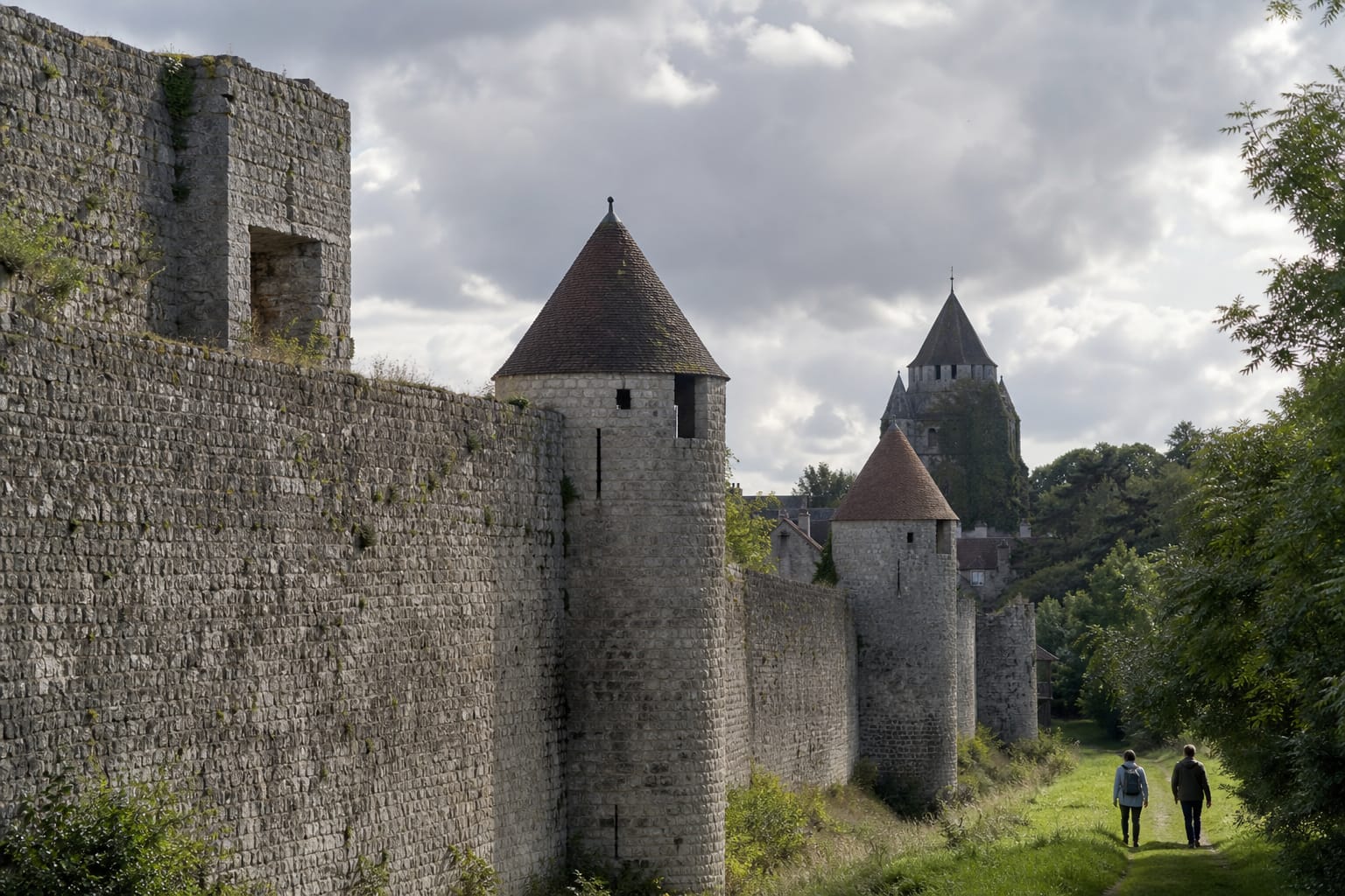Remparts médiévaux de Provins et tour César dominant les toits de la ville haute