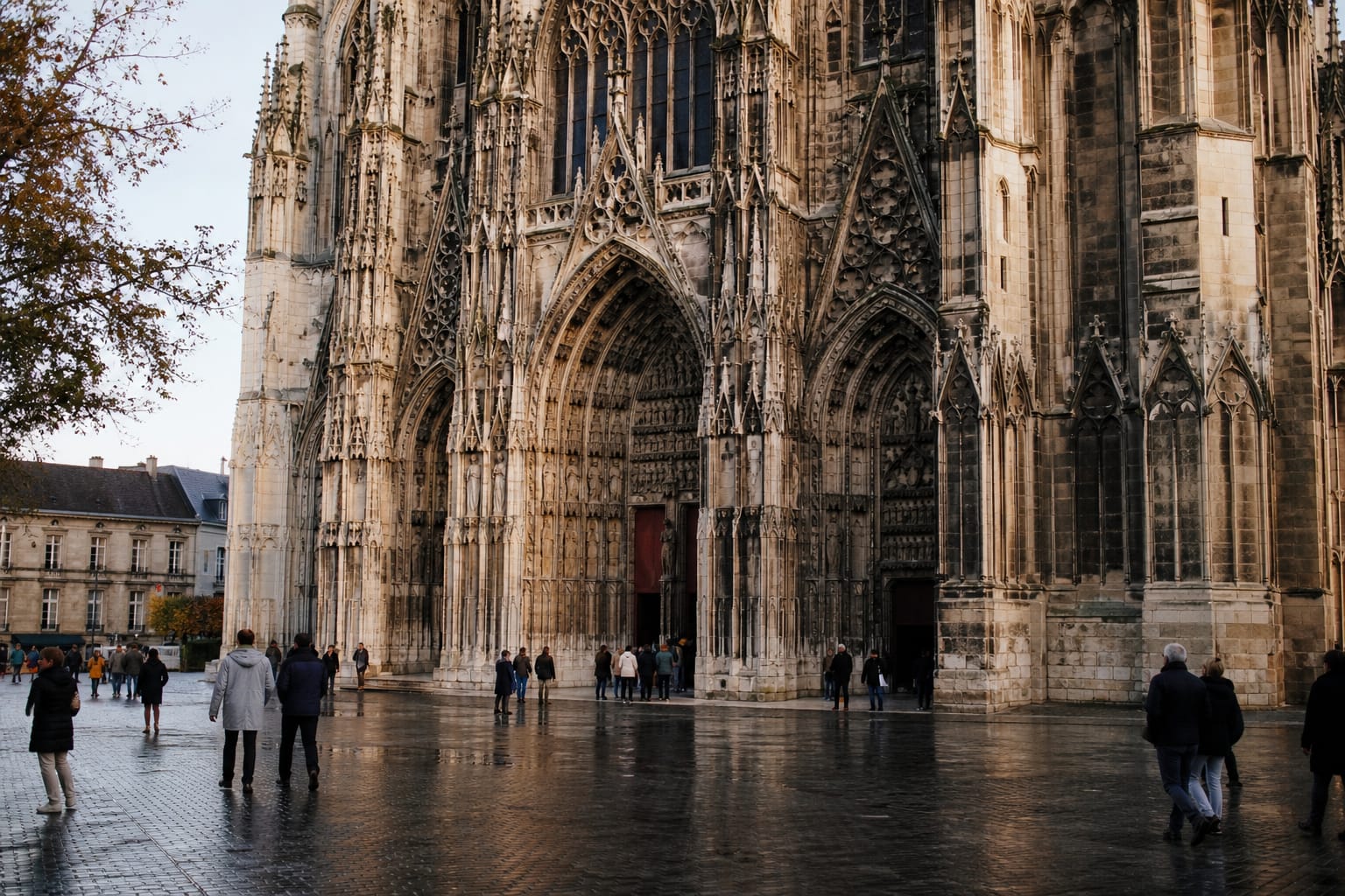 Façade de la cathédrale gothique de Reims en fin d'après-midi