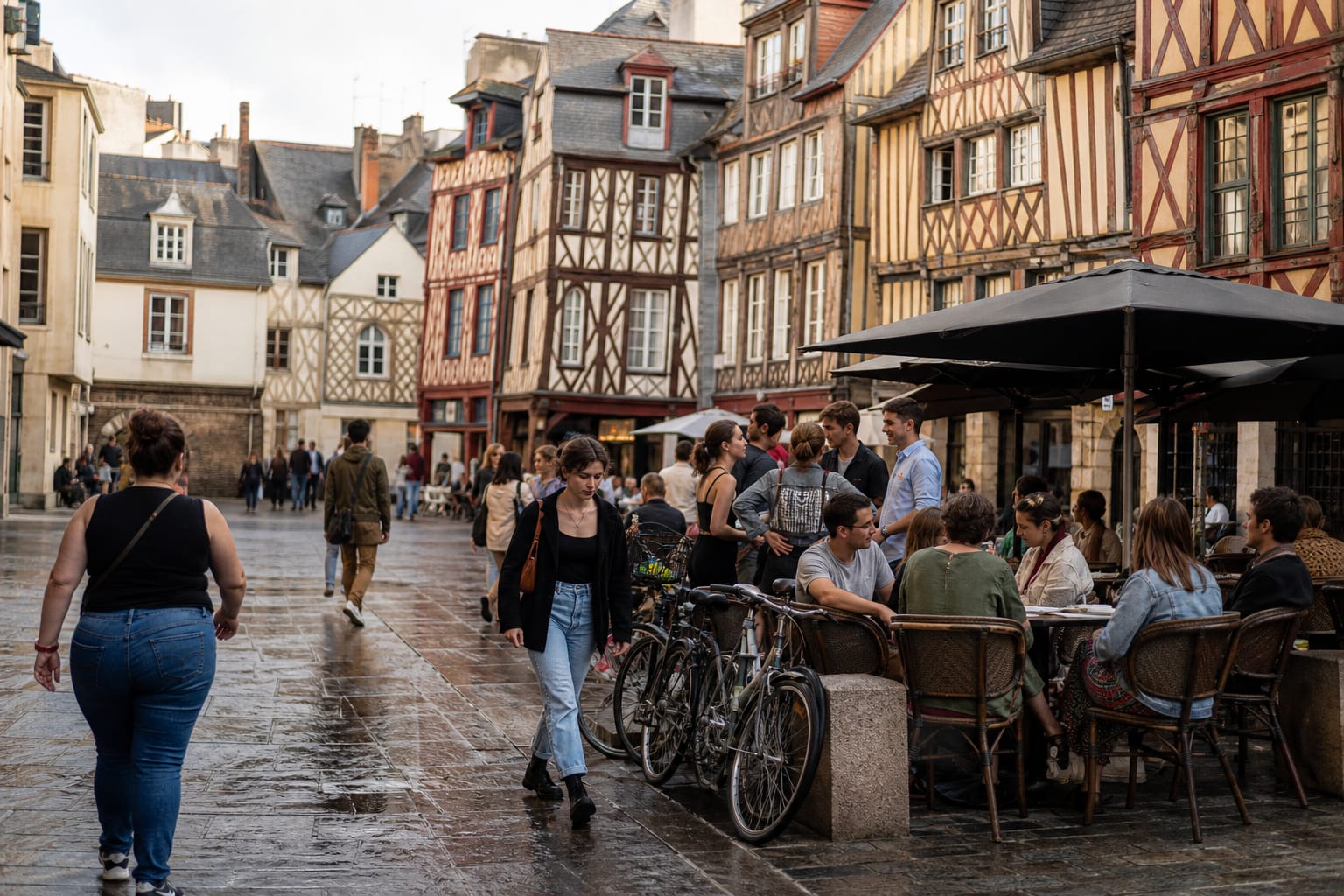 Place bordée de maisons à colombages colorées à Rennes en fin d'après-midi