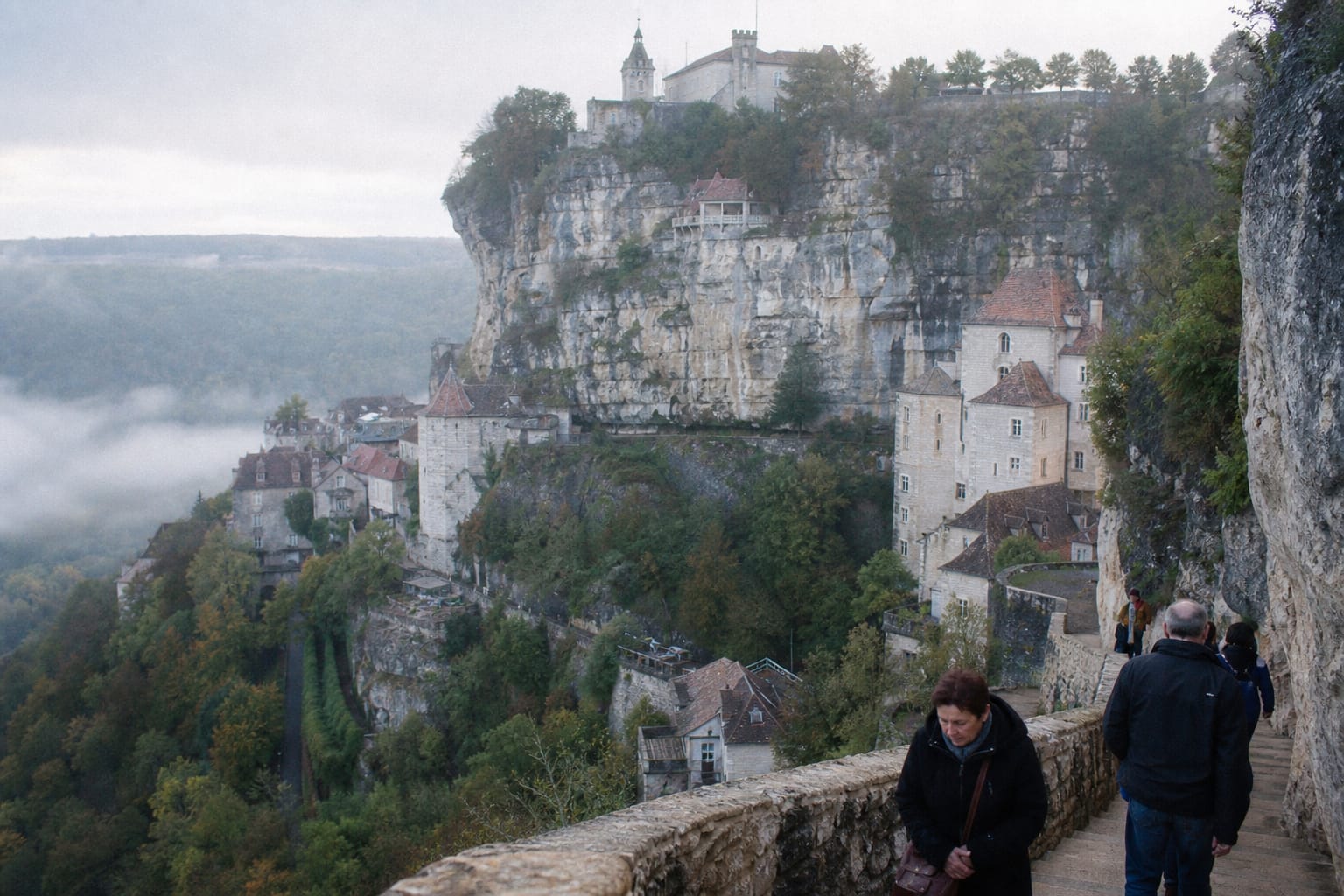 Village de Rocamadour accroché à sa falaise calcaire dans la brume du matin