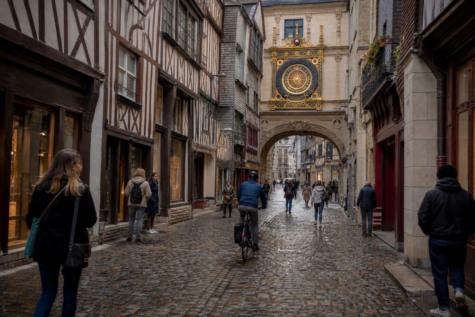 Rue pavée bordée de maisons à colombages menant au Gros-Horloge de Rouen