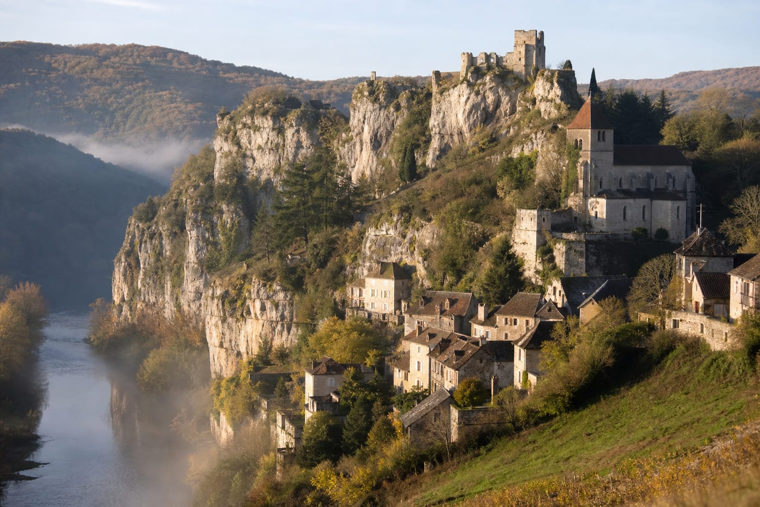 Village de Saint-Cirq-Lapopie et son église accrochés à la falaise au-dessus du Lot dans la brume d'automne