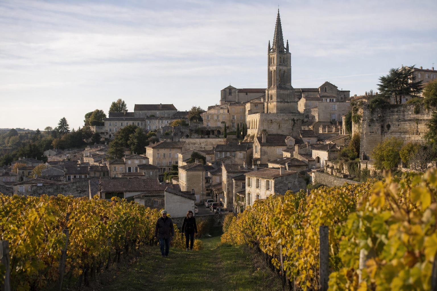 Toits de tuiles de Saint-Émilion dominés par le clocher de l'église monolithe, rangs de vigne au premier plan en automne