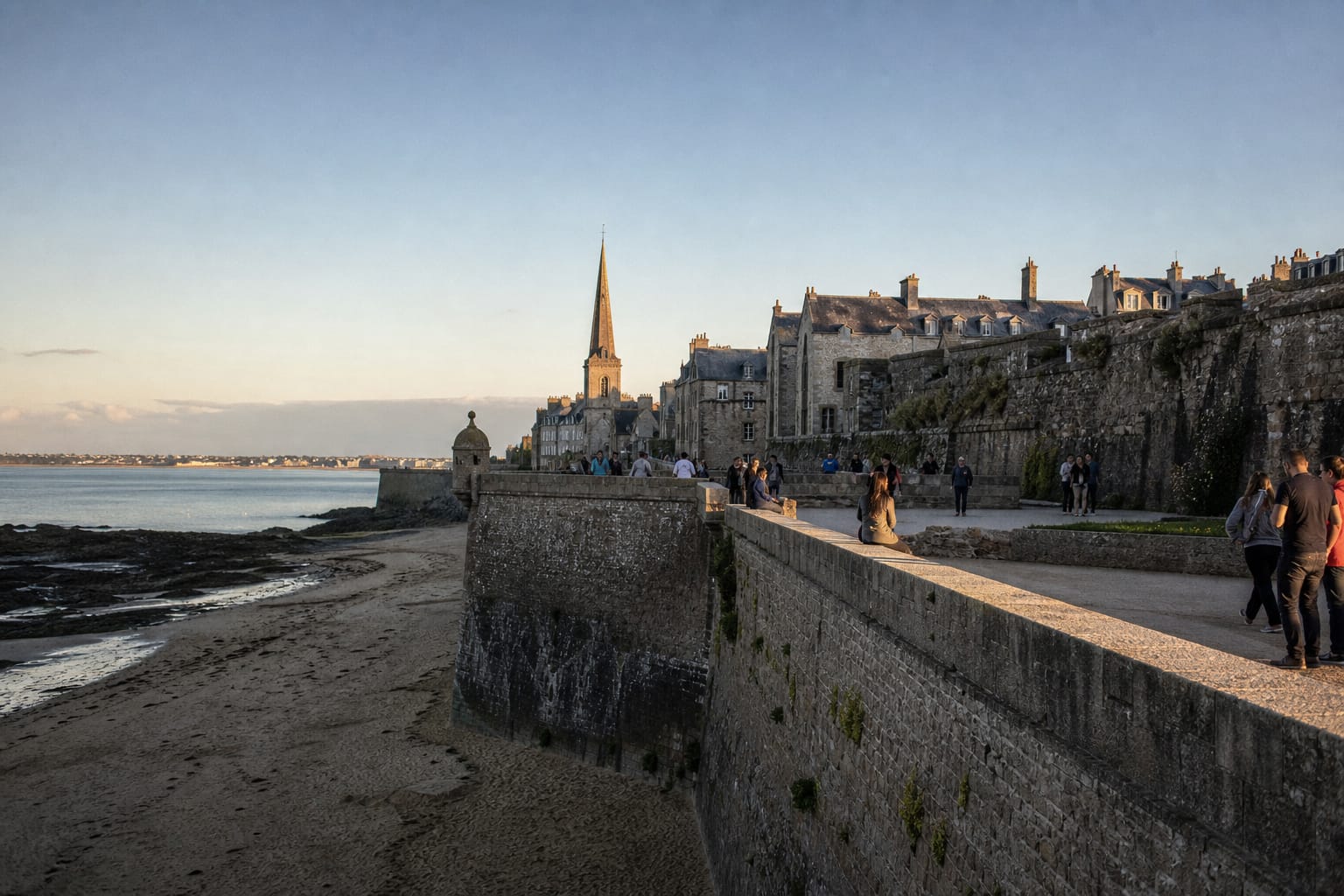 Remparts de granit de Saint-Malo face à la mer à marée basse en fin d'après-midi