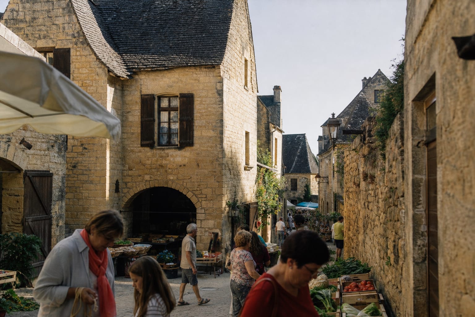 Ruelle médiévale de pierre dorée à Sarlat un matin de marché