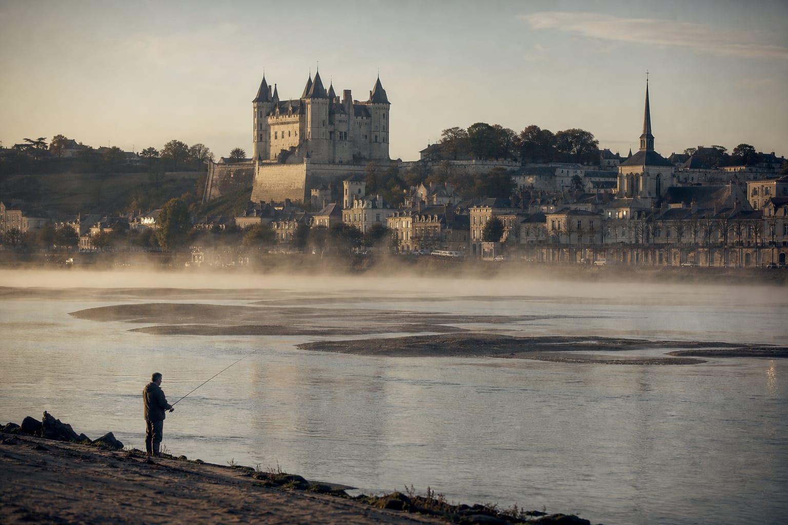 Château blanc de Saumur dominant les toits d'ardoise et la Loire au petit matin
