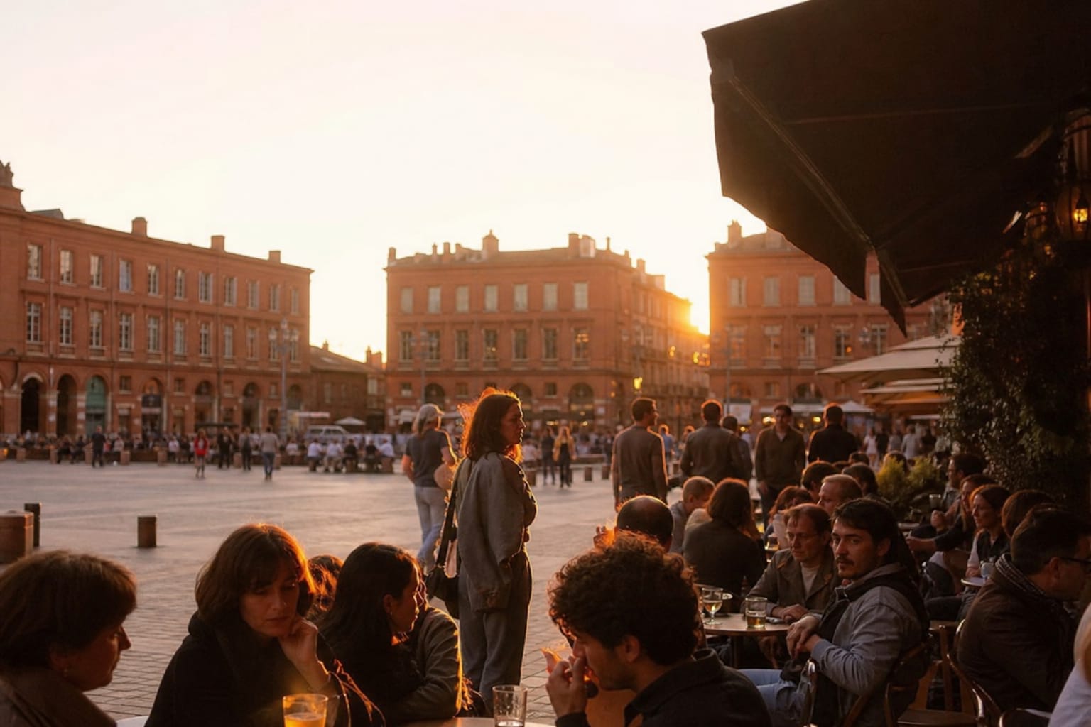 Place bordée de façades en brique rose à Toulouse au coucher du soleil