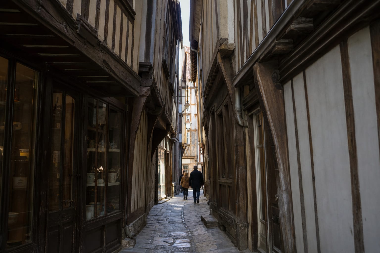 Ruelle étroite bordée de maisons à colombages penchées se touchant presque en hauteur