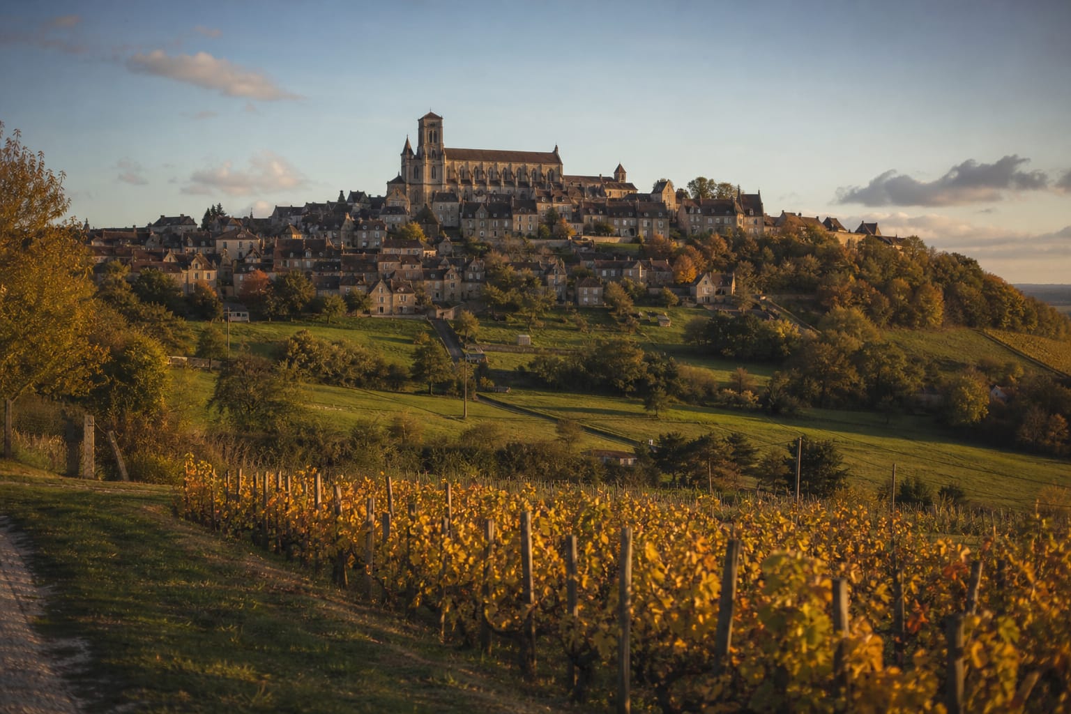 Village de Vézelay étagé sur sa colline et couronné par la basilique romane, au-dessus de prés et de haies dans la lumière dorée d'un soir d'automne