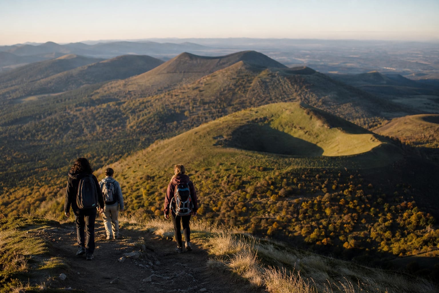 Alignement de cônes volcaniques verts de la chaîne des Puys sous une lumière rasante